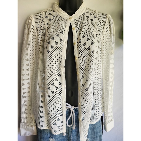 MEADOW RUE BY ANTHROPOLOGIE SIZE US6 WHITE LACE GEOMETRIC BUTTON BLOUSE - Picture 2 of 10